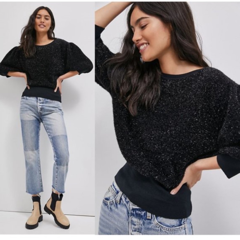 Anthropologie Maeve Black Pamela Tinsel Shimmer Sweater Size‎ XL NEW